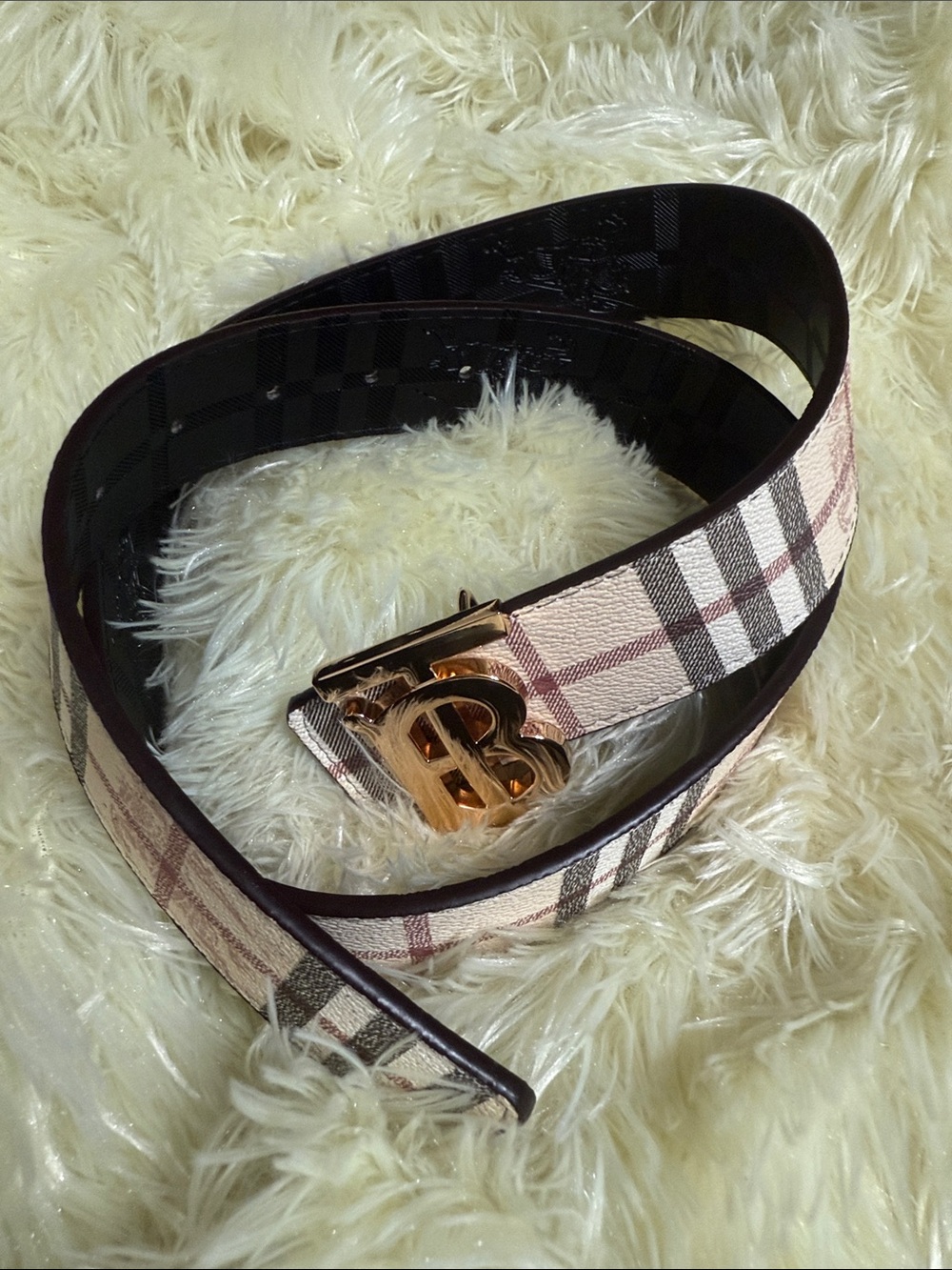 Burberry Cream Check Belt with Gold TB Buckle